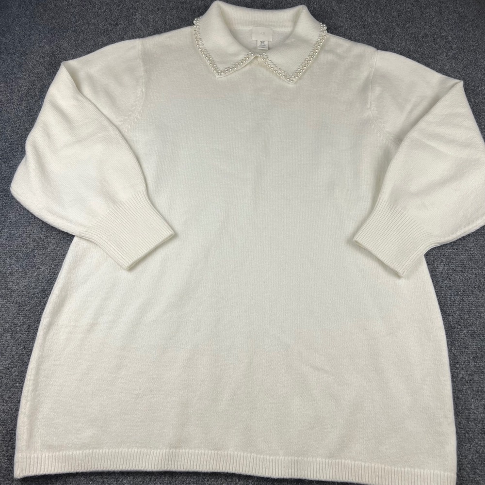 HM Cream White Knit Sweater Faux Pearl Collar Polo Neck XXL